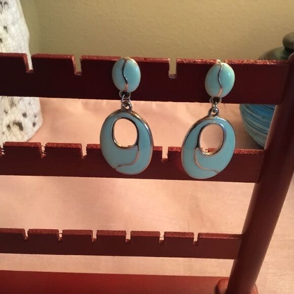 Goldtone Light Blue Enamel Earrings - Picture 3 of 4